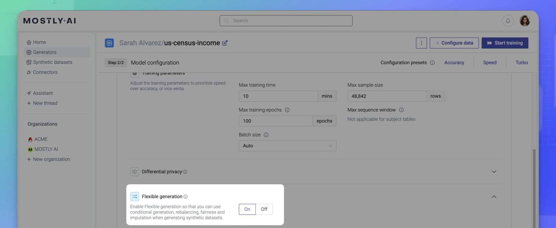 MOSTLY AI - Generator - Configure flexible generation